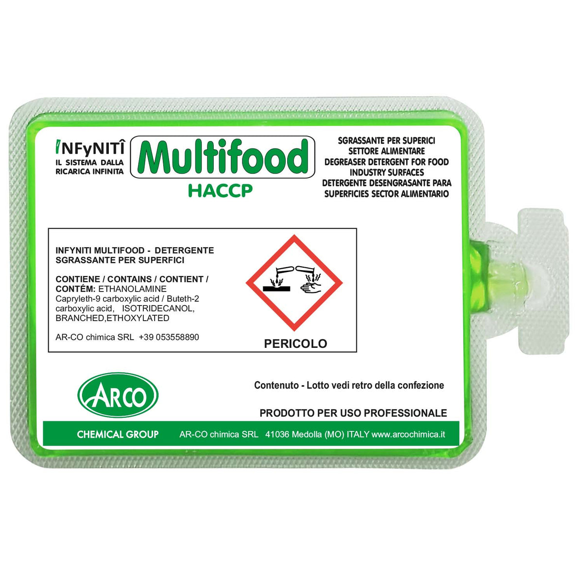 Detergente sgrassante per cucina in monodose superconcentrata Arco Chimica Infyniti Multifood confezione 60 monodosi da 100 ml