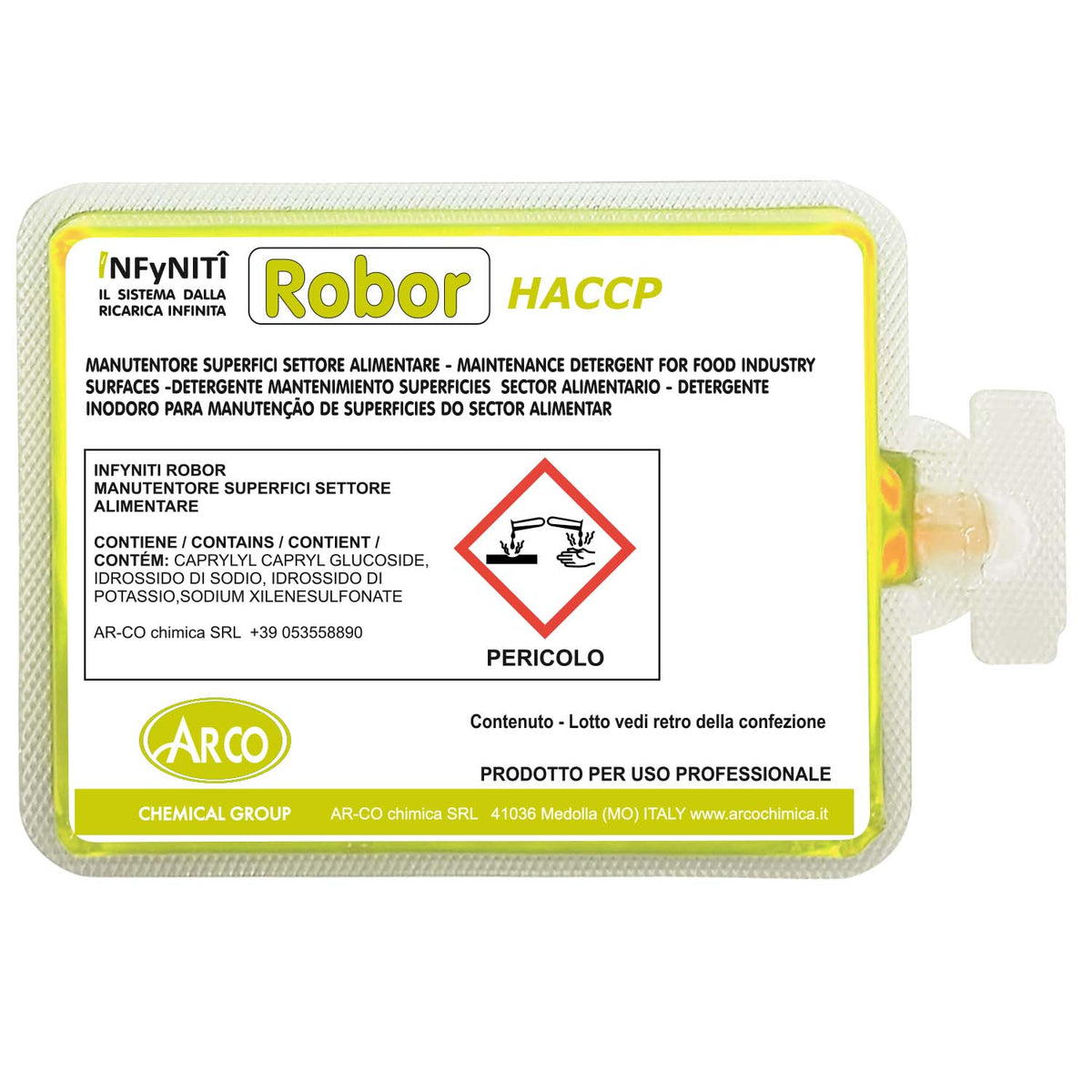 Detergente supersgrassante inodore in monodose superconcentrata Arco Chimica Infyniti Robor confezione 60 monodosi da 100 ml
