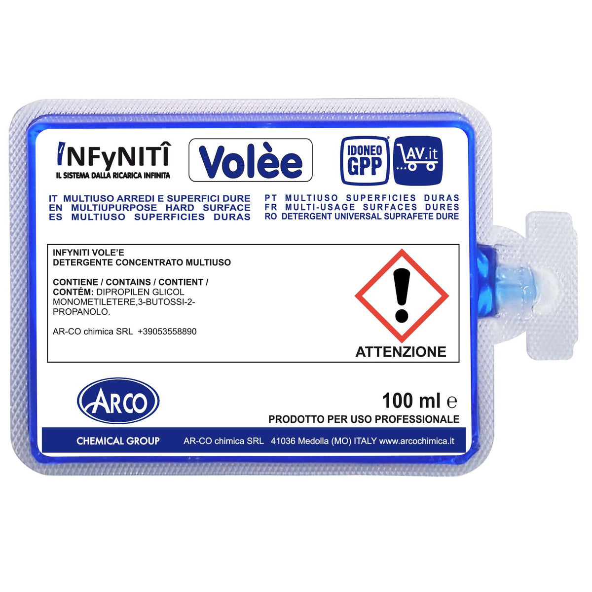 Pulitore multiuso autoasciugante in monodose superconcentrata Arco Chimica Infyniti Volée confezione 60 monodosi da 100 ml