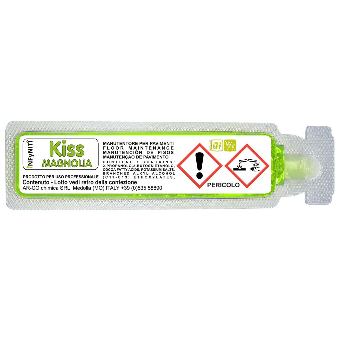 Detergente manutentore alcolico profumato in monodose superconcentrata Arco Chimica Infyniti Kiss Magnolia confezione 160 monodosi da 15 ml