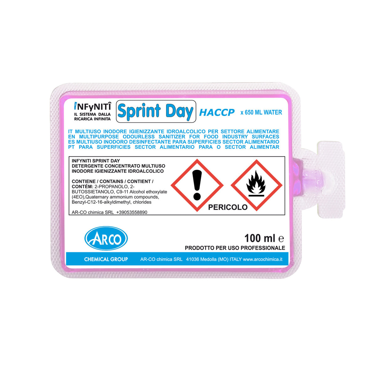 Detergente igienizzante sgrassante in monodose superconcentrata Arco Chimica Infyniti Sprint Day confezione 60 monodosi da 100 ml