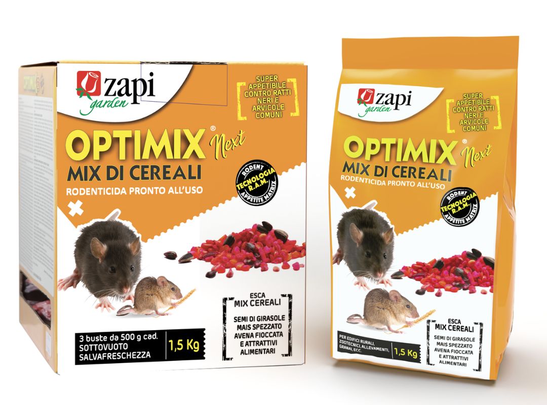 Esca rodenticida in cereali per topi e ratti Zapi Optimix Next 1,5 kg (3 buste)